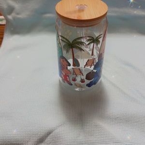 Glass personalized cup with bamboo lid and glass straw